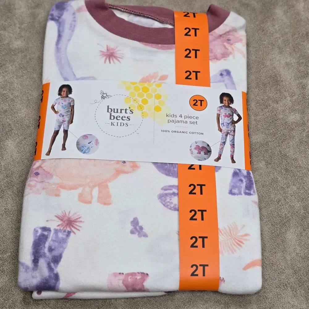 Burt's Bees Pajamas Set 2T Girls 4 Piece Short-Sleeve PJ's Dinosaur ~ Space NWT